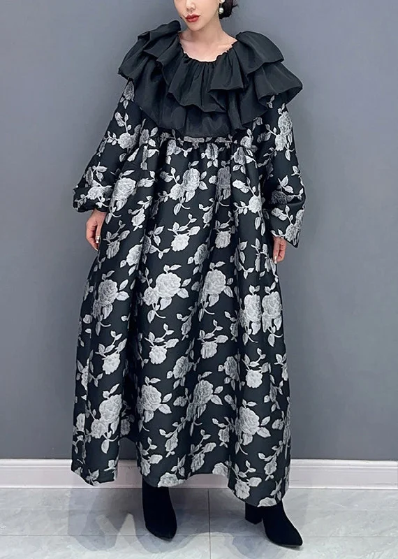 Beautiful Black Ruffled Print Patchwork Cotton Long Dress Fall