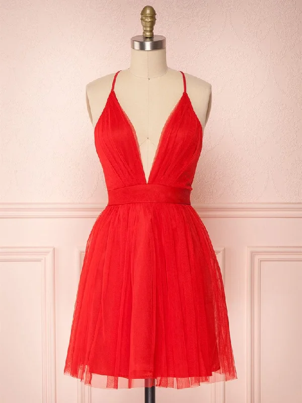 Simple Red V Neck Backless Tulle Homecoming Dresses Short Prom Dresses, Cute Red Formal Dresses, Evening Dresses, Graduation Dresses