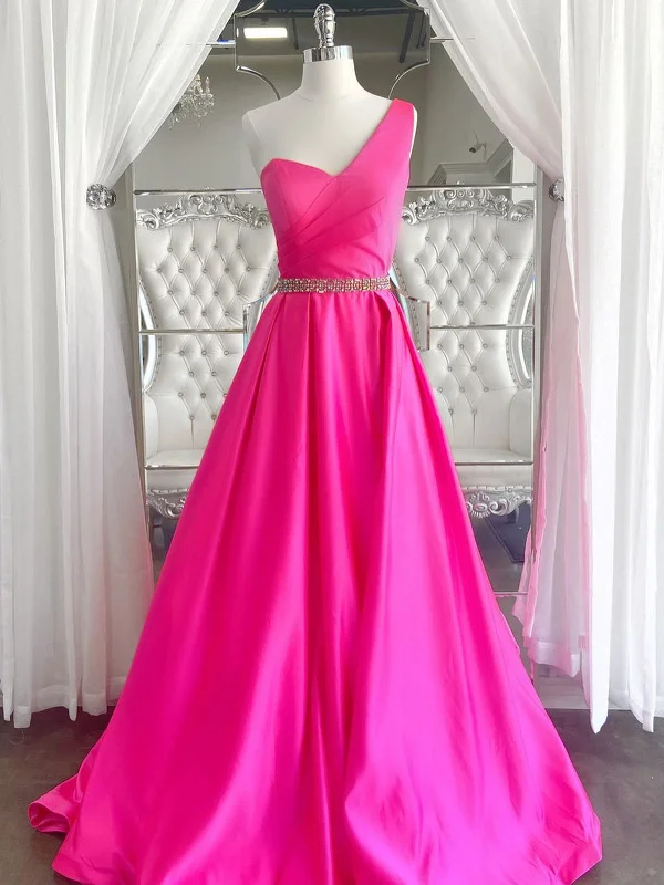 One Shoulder Open Back Pink Long Prom Dresses with Belt, One Shoulder Pink Formal Dresses, Pink Evening Dresses SP2149