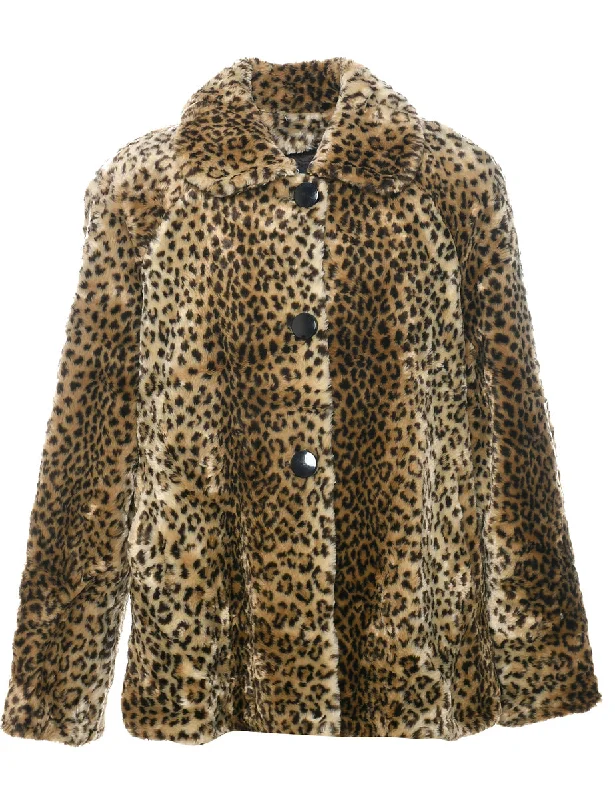 Leopard Print Faux Fur Coat - L