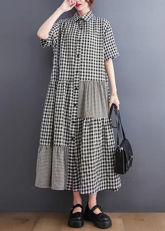 Black Patchwork Button Vacation Long Dresses Short Sleeve