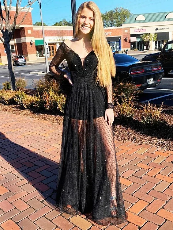 Shiny Long Sleeves V Neck Lace Sequins Black Long Prom Dresses, Long Sleeves Black Formal Dresses, Black Evening Dresses