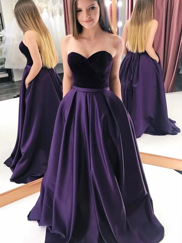 Sweetheart Neck Purple Satin Long Prom Dresses with Velvet Top, Long Purple Formal Graduation Evening Dresses SP2246