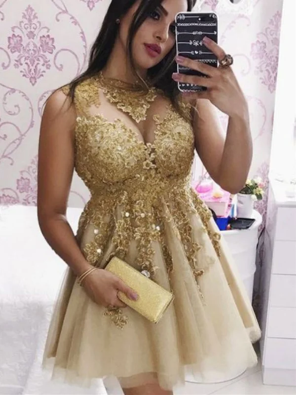 Sparkly Golden Lace Appliques Short Prom Dresses Homecoming Dresses, Golden Lace Formal Graduation Evening Dresses