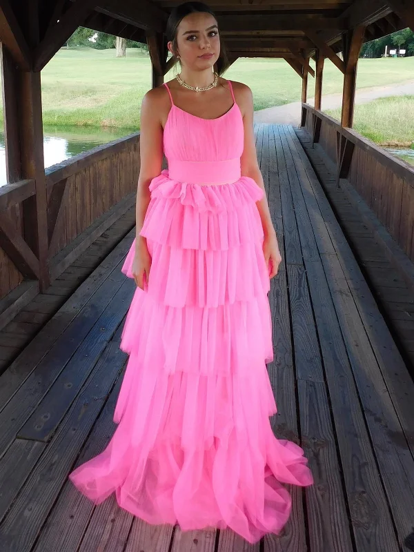 Fashion Open Back Layered Pink Long Prom Dresses, Pink Formal Graduation Evening Dresses SP2323