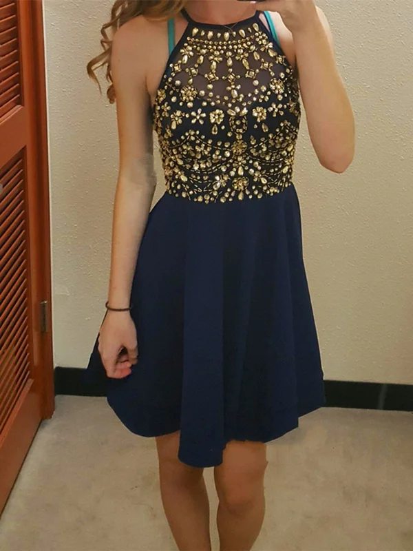 Cute Round Neck Rhinestones Dark Blue Short Prom Dresses, Dark Blue Homecoming Dresses, Formal Dresses