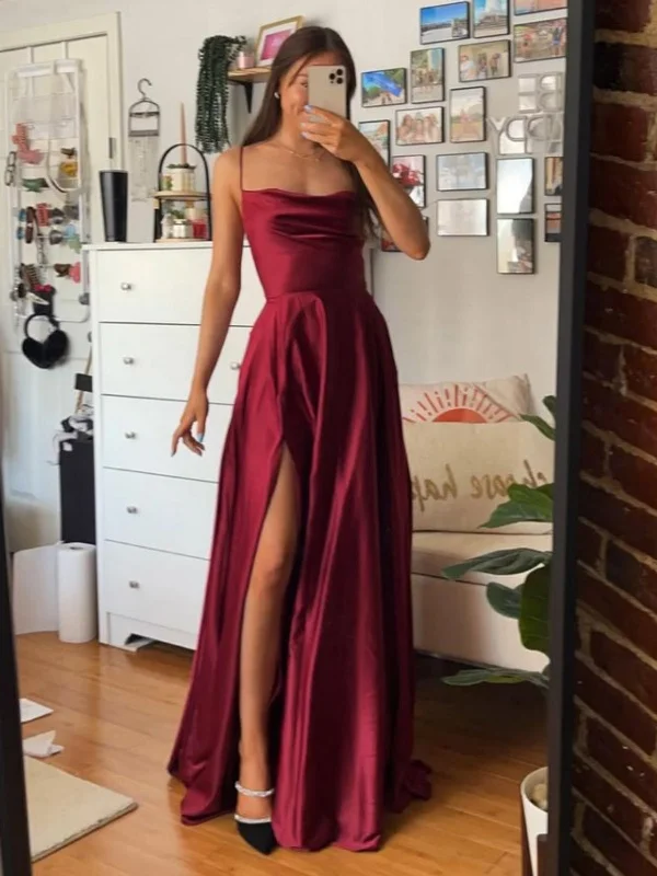 Simple A Line Burgundy Satin Long Prom Dresses with High Slit, Long Burgundy Formal Graduation Evening Dresses SP2527