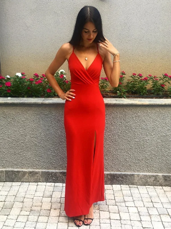 V Neck Mermaid Floor Length Red Prom Dresses with Split, Mermaid Red Formal Dresses, Red Evening Dresses