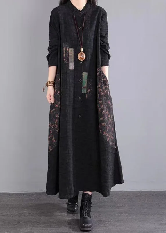 Simple Black Stand Collar Print Button Patchwork Cotton Dress Fall