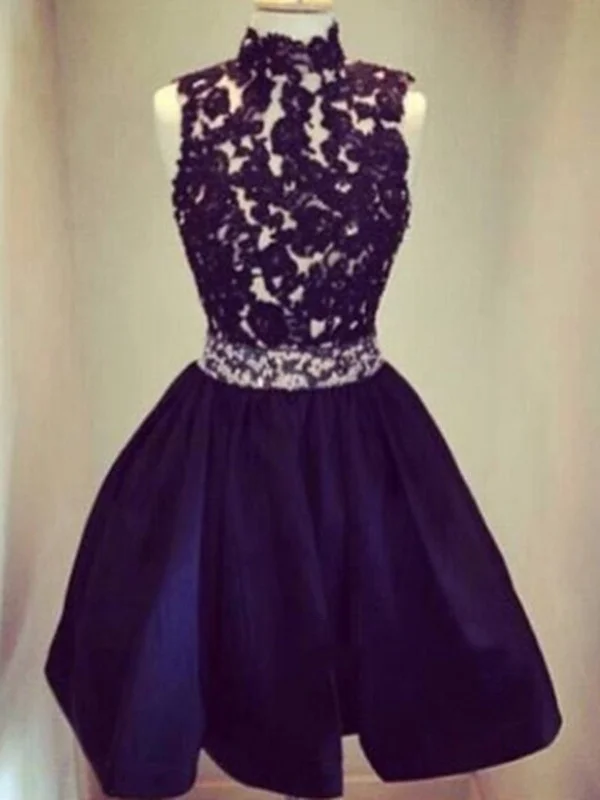 Round Neck Backless Black Short Lace Prom Dresses, Short Lace Graduation Dresses, Homecoming Dresses