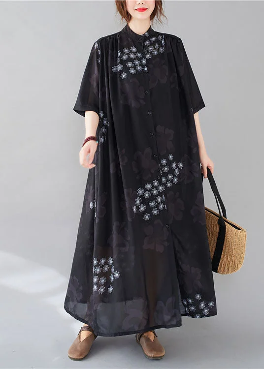 Bohemian Black Stand Collar Oversized Print Chiffon Shirt Dresses Summer