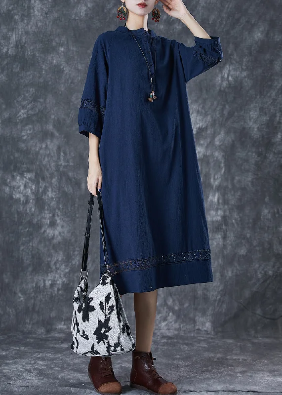 Navy Hollow Out Cotton Maxi Dress Oversized Bracelet Sleeve