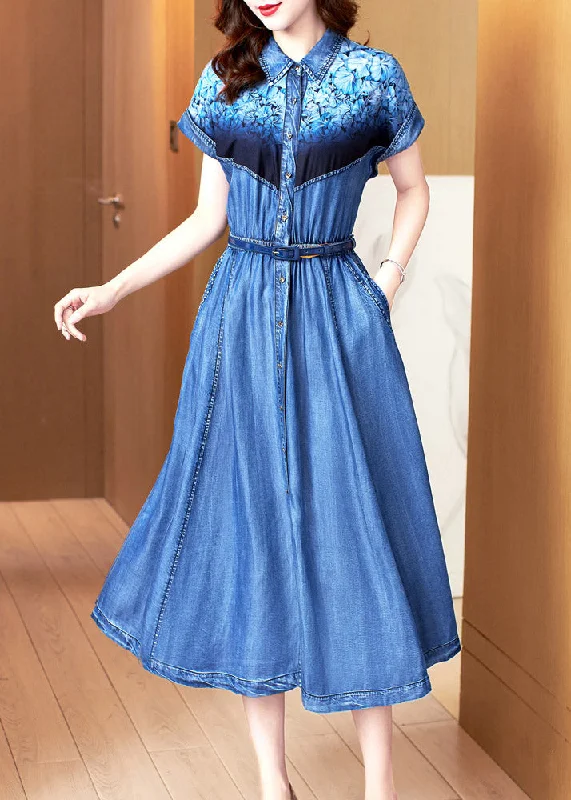 Chic Blue Peter Pan Collar Print Patchwork Button Sashes Cotton Vacation Denim Long Dresses Summer