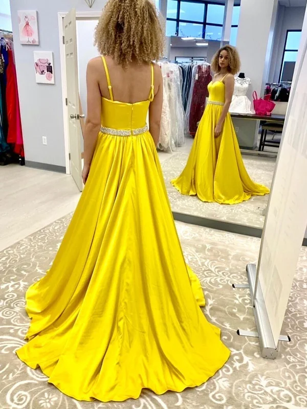 A Line Open Back Yellow Long Prom Dresses with Belt, High Slit Yellow Formal Dresses, Yellow Evening Dresses