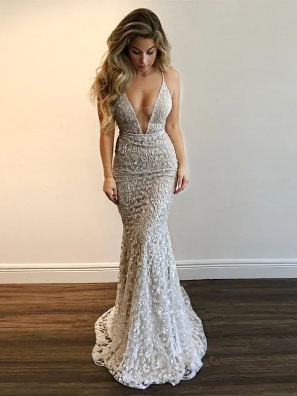 Deep V Neck Spaghetti Straps Mermaid Backless Lace Silver Prom Dresses with Sequins, Silver Formal Dresses with Train, Evening Dresses