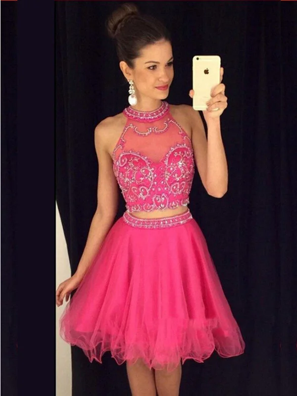 Custom Made A Line Halter Neck Short 2 Pieces Rose Prom Dress, 2 Pieces Rose Homecoming Dress, 2 Pieces Graduation Dress