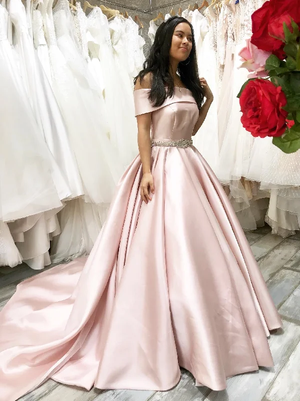 Off the Shoulder Pink Satin Long Prom Dresses with Belt, Off Shoulder Pink Formal Graduation Evening Dresses SP2142