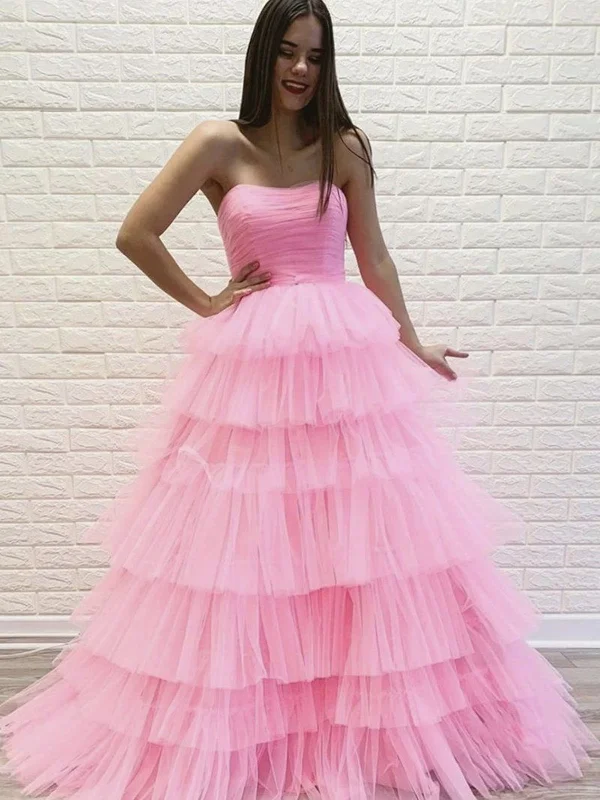 Gorgeous Strapless Layered Pink Tulle Long Prom Dresses, Pink Tulle Formal Evening Dresses SP2384