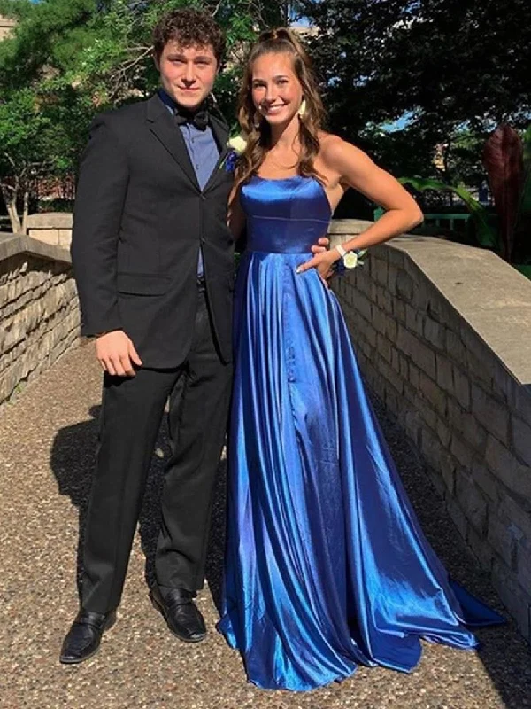 A Line Backless Blue Satin Long Prom Dresses with Straps, Backless Blue Formal Graduation Evening Dresses