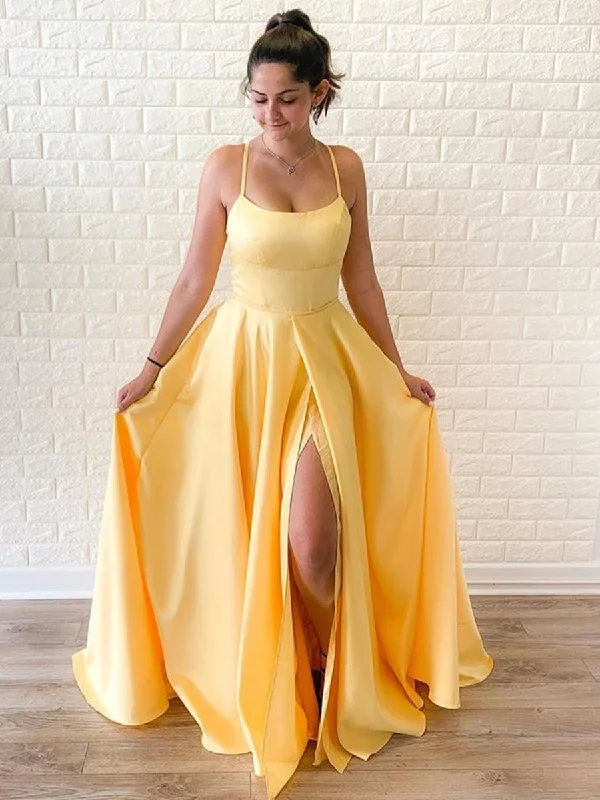 Simple A Line Yellow Long Prom Dresses with High Split, Cheap Yellow Formal Graduation Evening Dresses, Yellow Bridesmaid Dresses