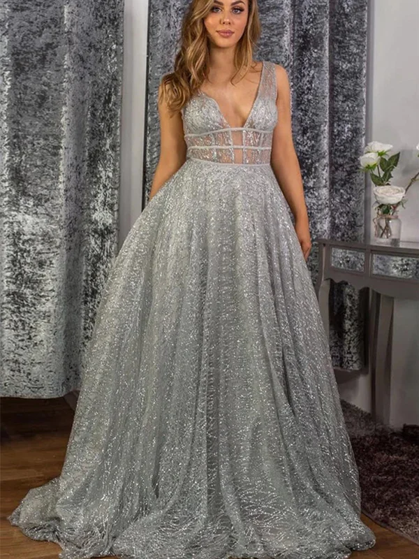 Shiny Sequins V Neck Silver Gray Long Prom Dresses, Silver Grey Formal Graduation Evening Dresses SP2330