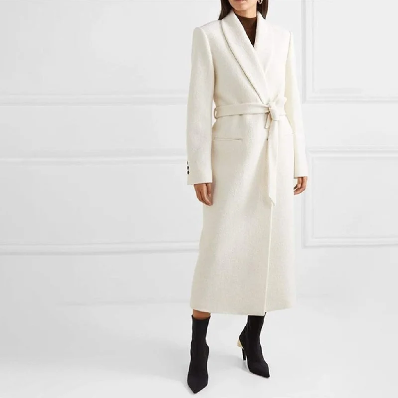 Monochrome Shawl Collar Long Sleeve Single Breasted Belted Wool Blend Coat