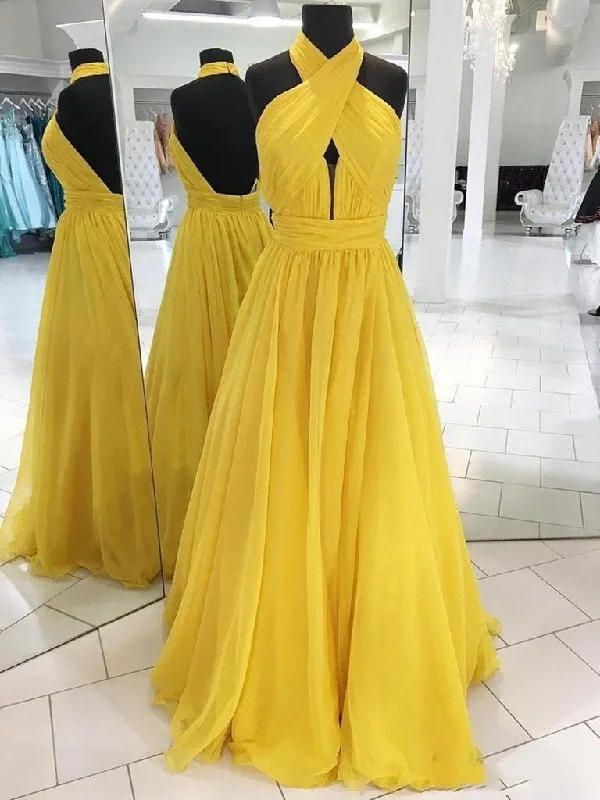 Halter Neck Backless Yellow Long Prom Dresses, Open Back Yellow Formal Dresses, Yellow Evening Dresses SP2107