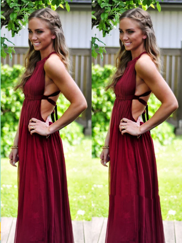 A Line Sleeveless Backless Maroon Prom Dress, Maroon Formal Dress, Maroon Bridesmaid Dress