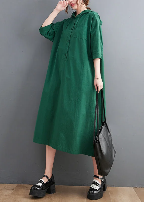 Casual Green Button Neck Tie Cotton Hooded Long Dress Summer