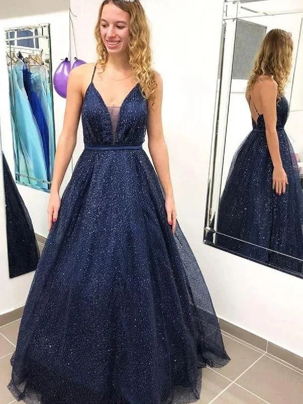 Shiny V Neck Backless Navy Blue Long Prom Dresses, Backless Navy Blue Formal Dresses, Sparkly Navy Blue Evening Dresses