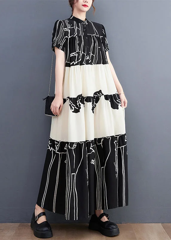 French Black Stand Collar Print Patchwork Long Dress Short Sleeve