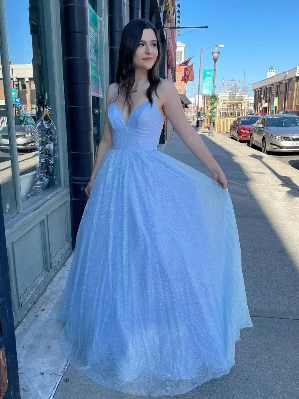 Shiny V Neck Backless Light Blue Long Prom Dresses, V Neck Light Blue Formal Dresses, Blue Evening Dresses SP2098