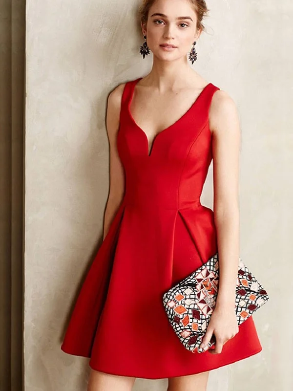 Cute V Neck Sleeveless Red Short Prom Dresses Homecoming Dresses, Red Satin Formal Dresses, Red Evening Dresses