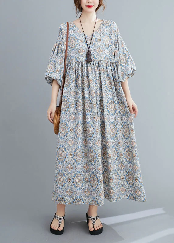 Casual Light Blue Print Wrinkled Long Dresses Lantern Sleeve