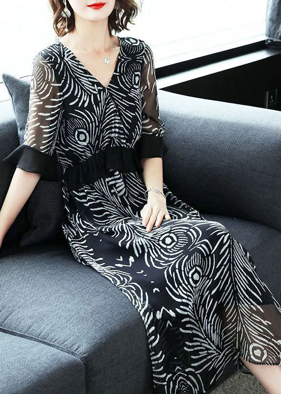 Fine Black V Neck Ruffles Print Chiffon Long Dress Summer