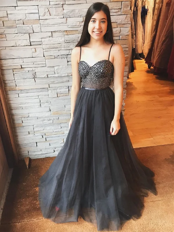 Luxurious Sweetheart Neck Rhinestone Black Long Prom Dresses, Spaghetti Straps Black Formal Dresses, Black Evening Dresses