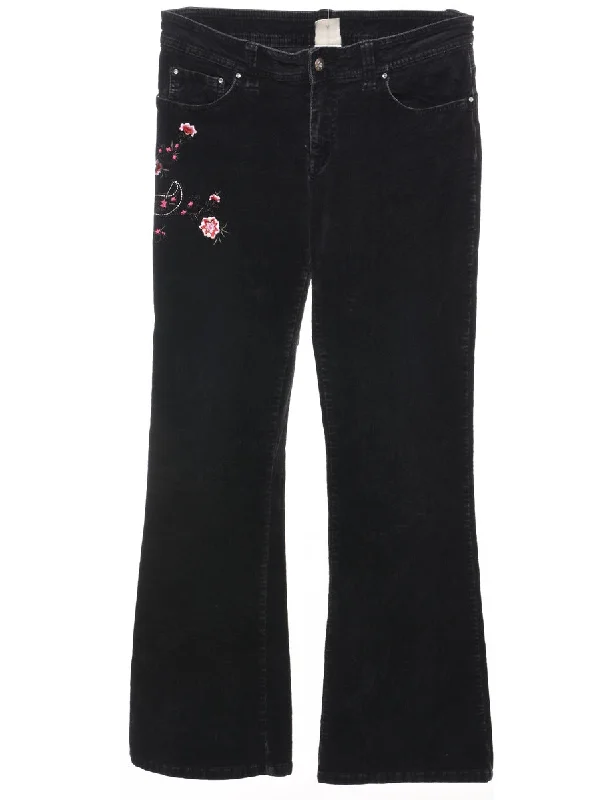 Black  Embroidered Floral 1990s Flared Trousers - W30 L30