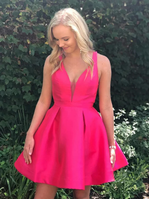 Cute V Neck Open Back Fuchsia Short Prom Dresses Homecoming Dresses, Fuchsia Short Formal Dresses, Fuchsia Graduation Evening Dresses