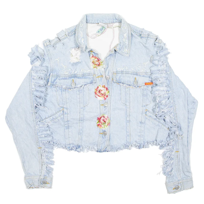 JORDACHE Distressed Beaded Denim Jacket Blue 90s Floral Womens M