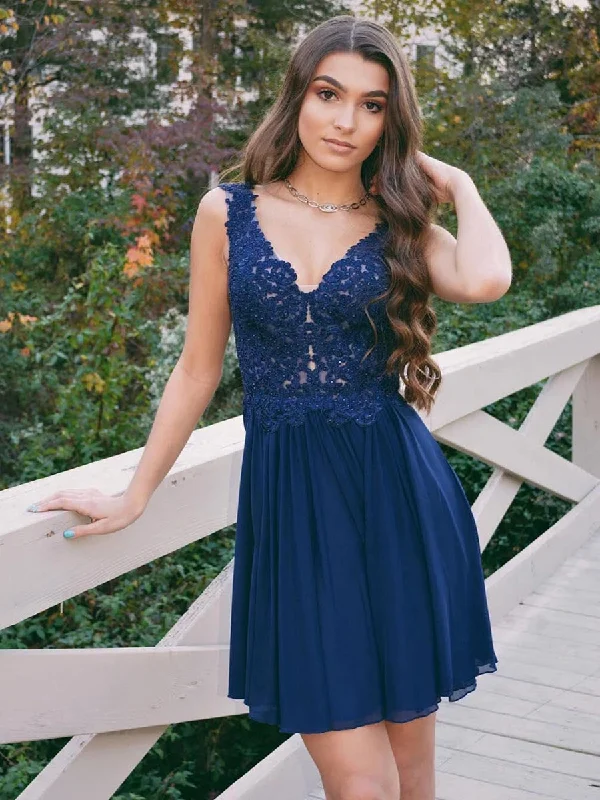 Elegant V Neck Navy Blue Lace Short Prom Dresses Homecoming Dresses, Lace Navy Blue Formal Graduation Evening Dresses