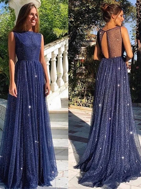 Shiny A Line Round Neck Navy Blue Long Prom Dresses, Round Neck Navy Blue Formal Dresses, Navy Blue Evening Dresses