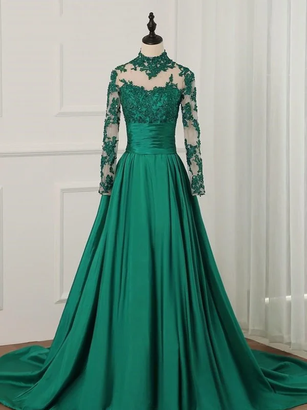 Long Sleeves High Neck Green Lace Prom Dresses, Green Lace Formal Dresses, Green Evening Dresses SP2178