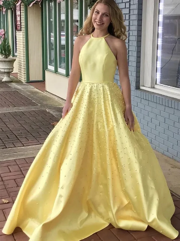 A Line Yellow Satin Beaded Long Prom Dresses, Yellow Formal Graduation Evening Dresses