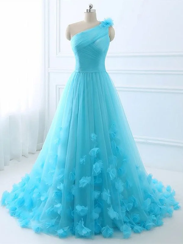 One Shoulder Blue Floral Long Prom Dresses, Blue Formal Evening Dresses with 3D Flowers, Blue Ball Gown