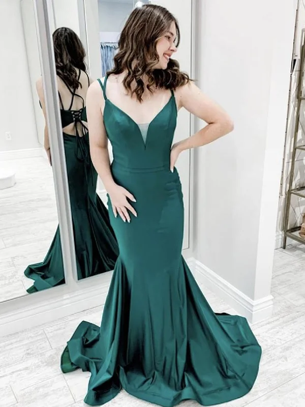 Mermaid V Neck Backless Green Long Prom Dresses, Green Mermaid Formal Graduation Evening Dresses