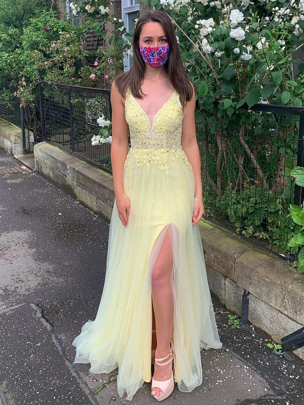 Yellow A Line V Neck Backless Lace Prom Dresses with Slit, Yellow Lace Formal Dresses, Yellow Evening Dresses