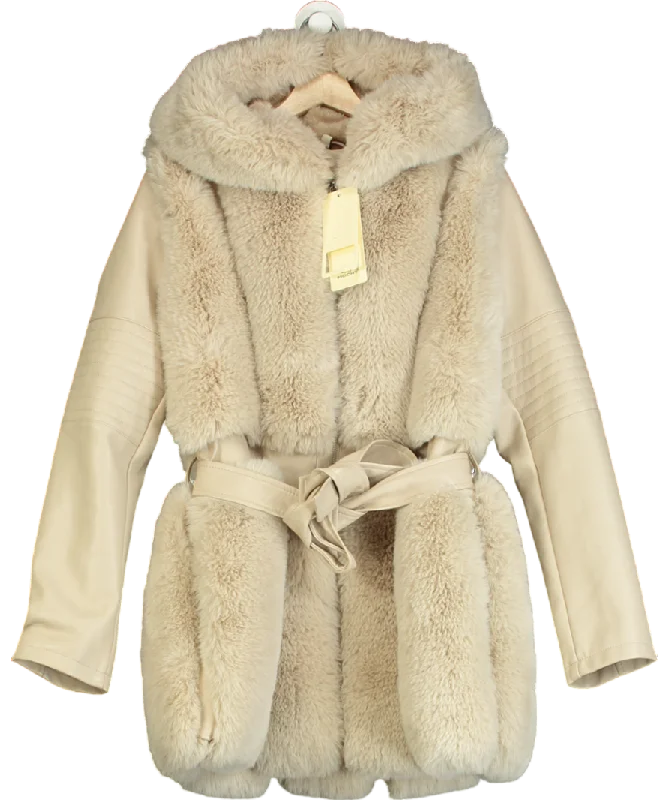 mochy Beige Belted Faux Leather & Fur Coat UK 14