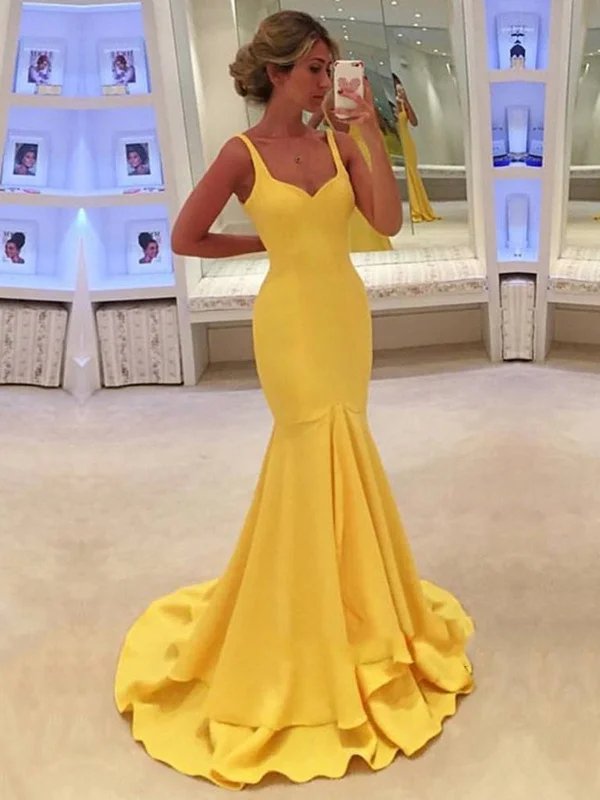 Silk Like Satin Trumpet/Mermaid Sweep Train With Ruffles Yellow Prom Dresses, Yellow Formal Dress