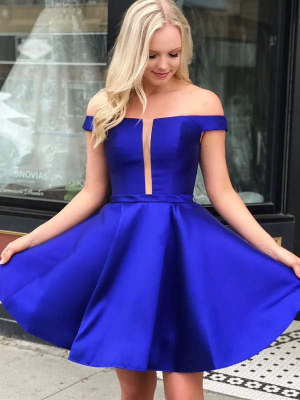 Off Shoulder Short Royal Blue Prom Dresses, Short Royal Blue Formal Homecoming Graduation Dresses