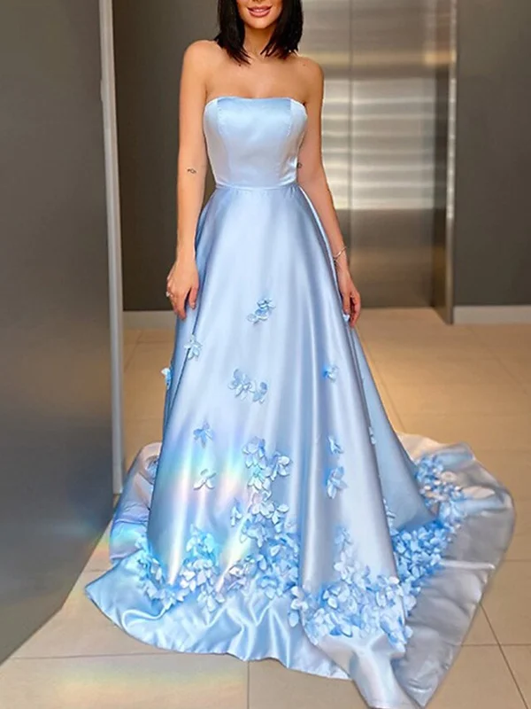 Strapless Light Blue Satin Floral Long Prom Dresses, Light Blue Formal Dresses with 3D Flowers, Light Blue Evening Dresses SP2190